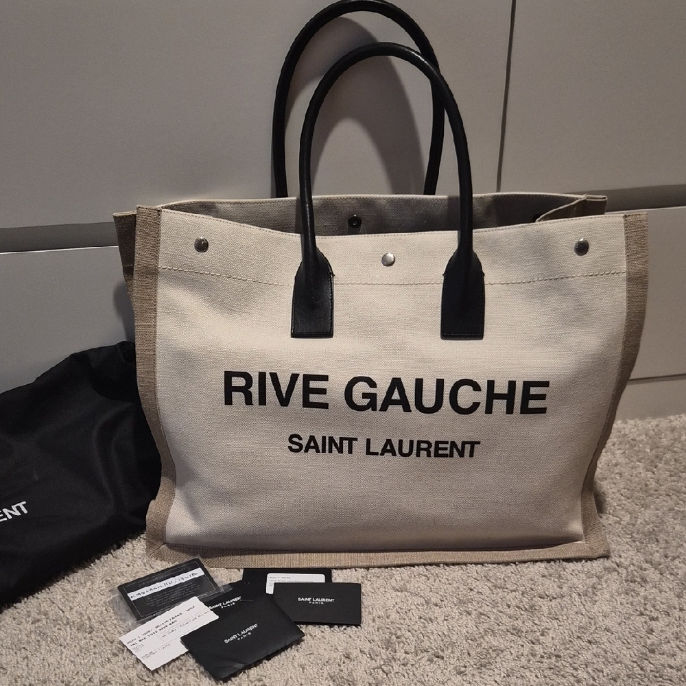 Saint Laurent Rive Gauche Canvas Tote in Black and Cream